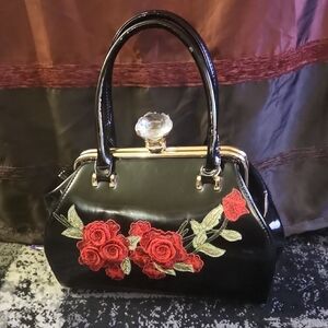 Black Patent Handbag with Red Rose Embroidery NWOT